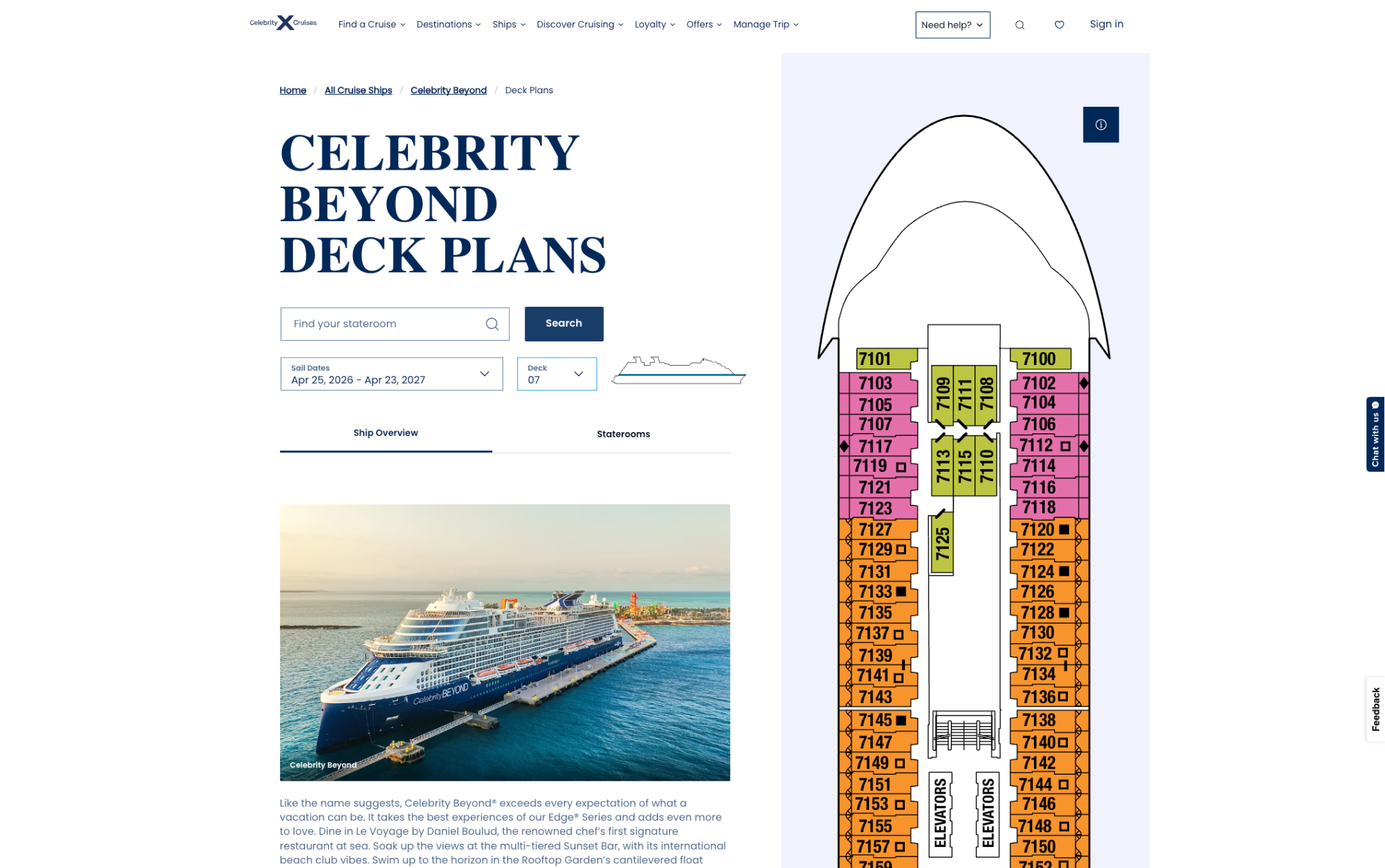 Celebrity Cruises deck plan for Deck 7 of Celebrity Beyond showing cabin 7106