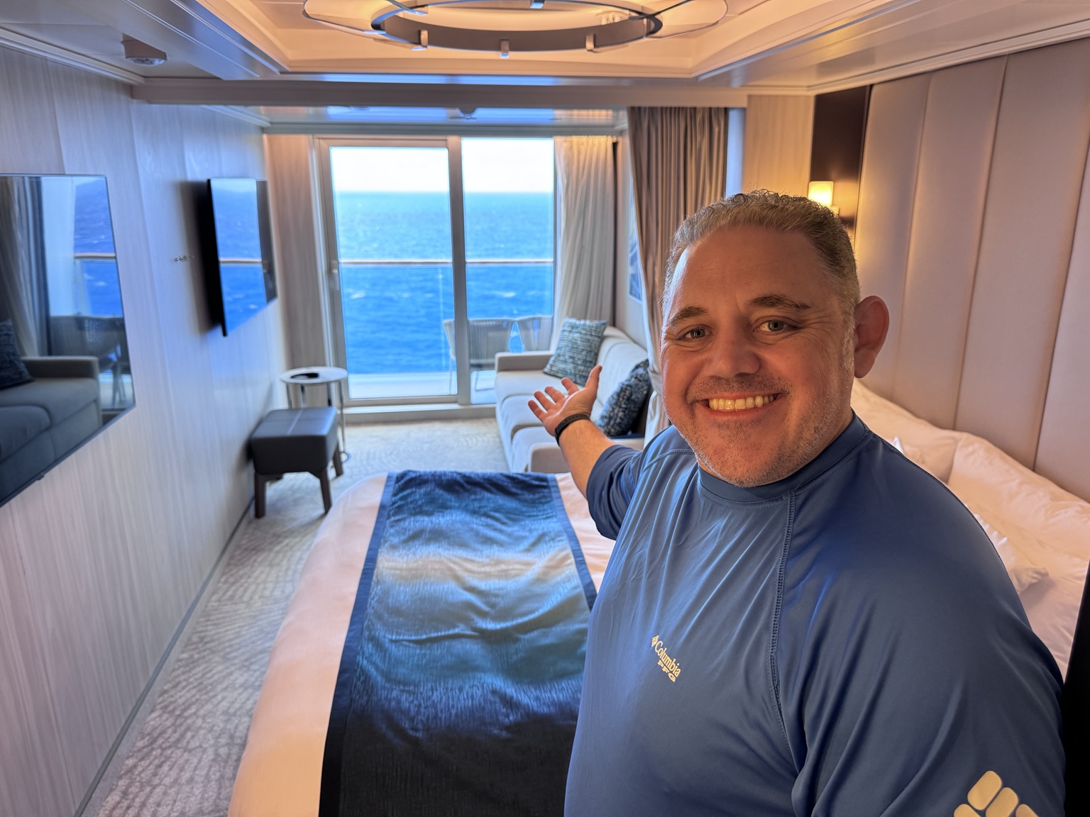 Jayson Judson presenting a cruise cabin before unpacking