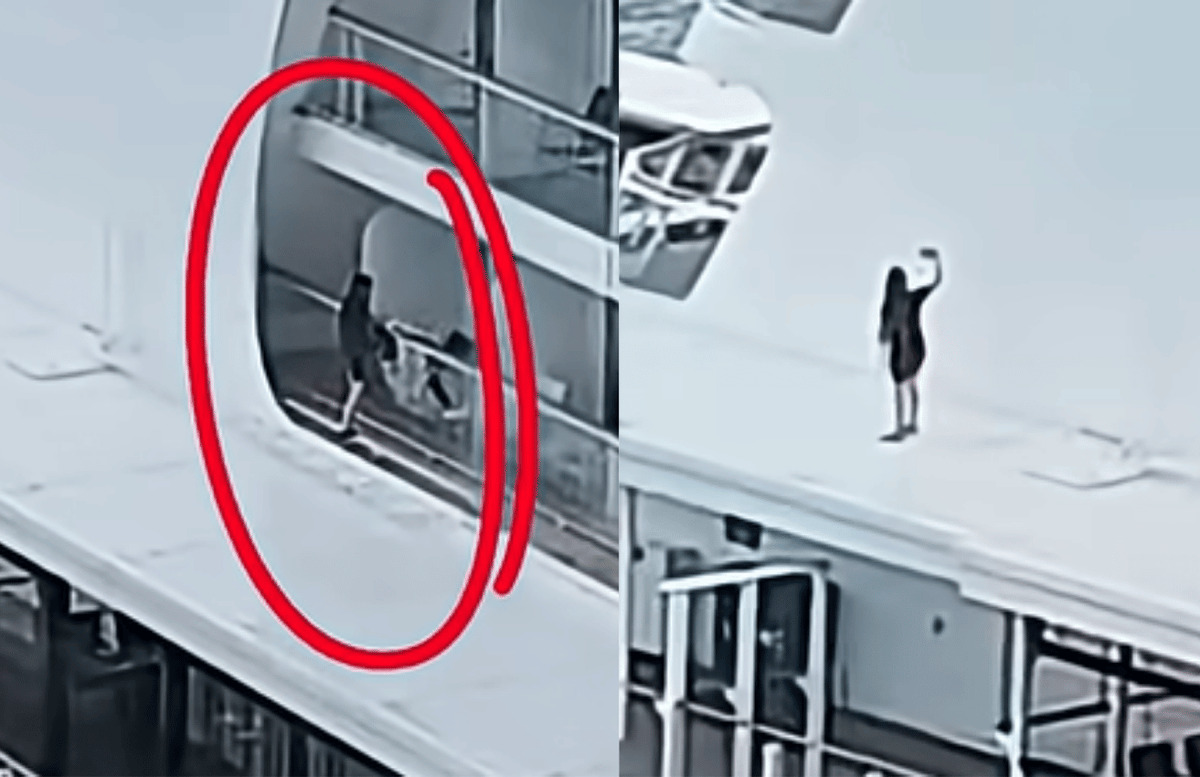 Two frames showing a Norwegian Getaway passenger climbing over a balcony railing and standing on an unprotected exterior overhang